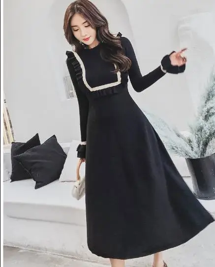 2019 Винтаж Для женщин трикотажные плиссированные платье осень зима с длинным