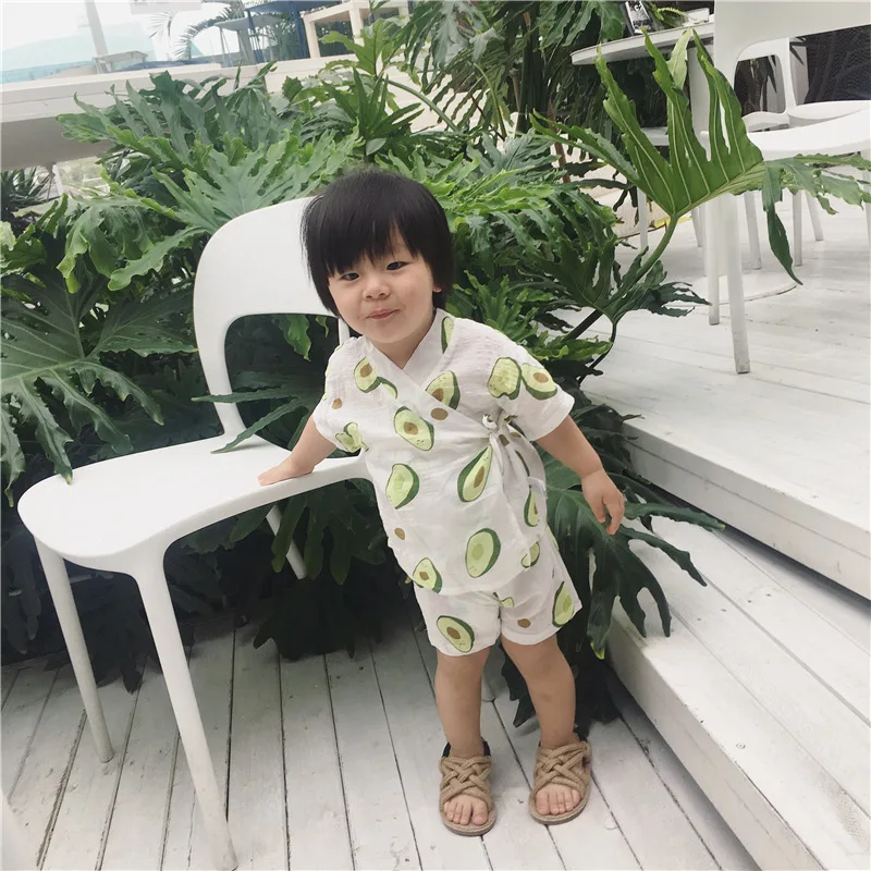 Japanese Style Cotton Baby Kimono Tracksuit Avocado Printed 2pcs/set Pants+tops Kids Boy Girls Clothing Set Child Infant Clothes | Детская