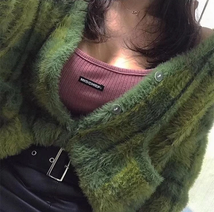 Зимний винтажный kawaii зеленый клетчатый укороченный женский кардиган на пуговицах Blusas De Inverno Feminina кардиган Feminino