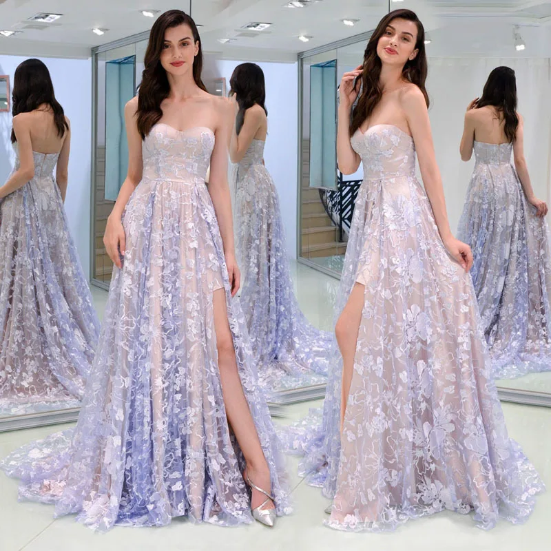 

2019 Women Summer Vintage Strapless Dresses Woman Party Night Sexy Elegant Lace Dress Sky Blue Long Dress