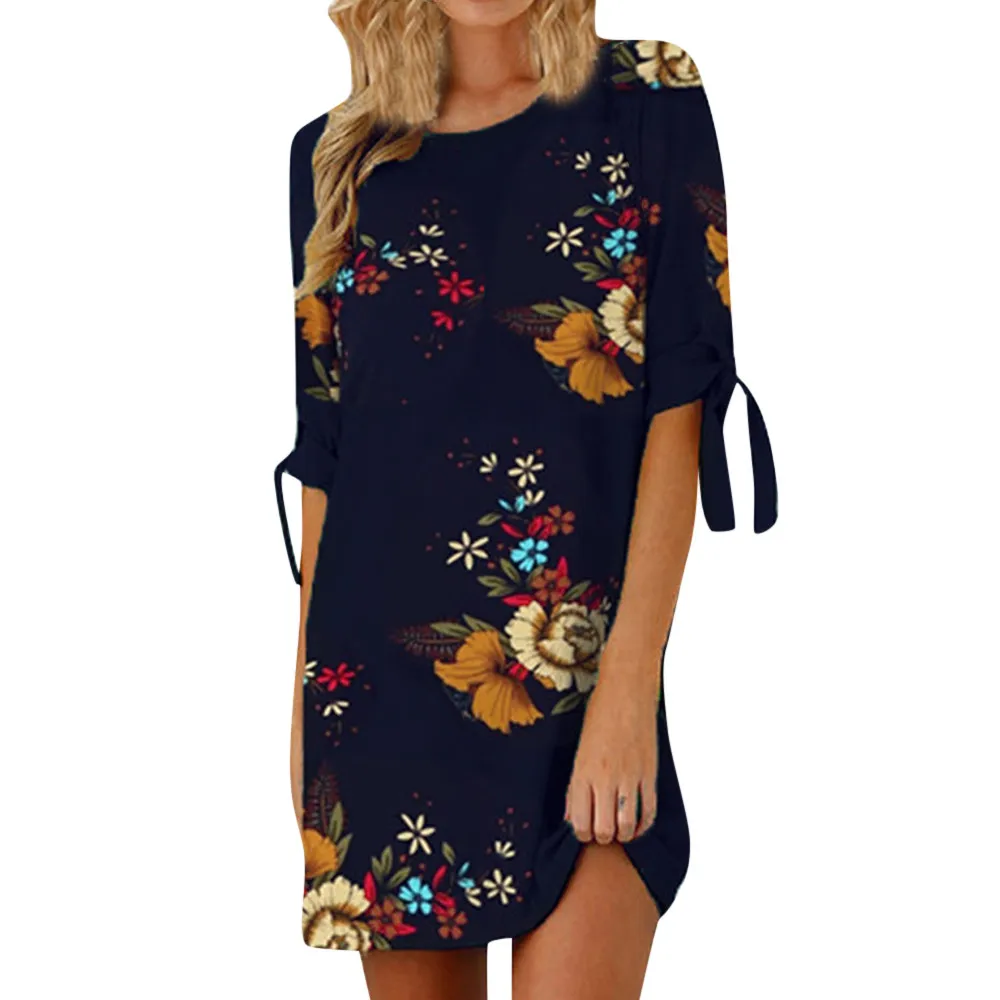 Dark Blue Стильное ювелирное изделие, Крутое летнее пляжное женское платье с цветочным принтом, рукава с бантом, коктейльное мини платье, Повседневные Вечерние платья - Цвет: Dark Blue