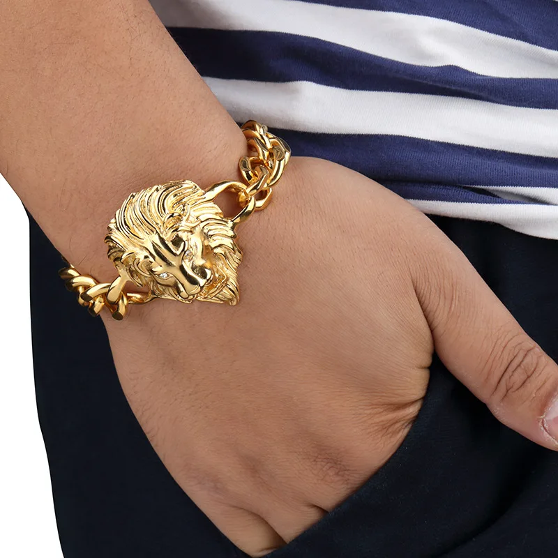 Новинка 2017 Модный высококачественный золотой браслет с головой льва хип хоп