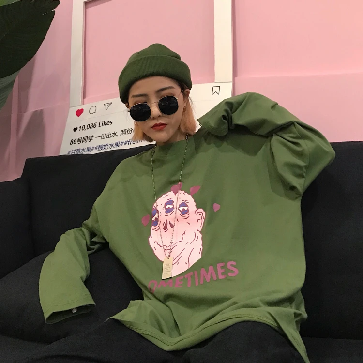 Осенняя модная женская футболка в Корейском стиле Ulzzang Harajuku с забавным мультяшным принтом, футболки с длинным рукавом, Женская Повседневная футболка с круглым вырезом, Топ