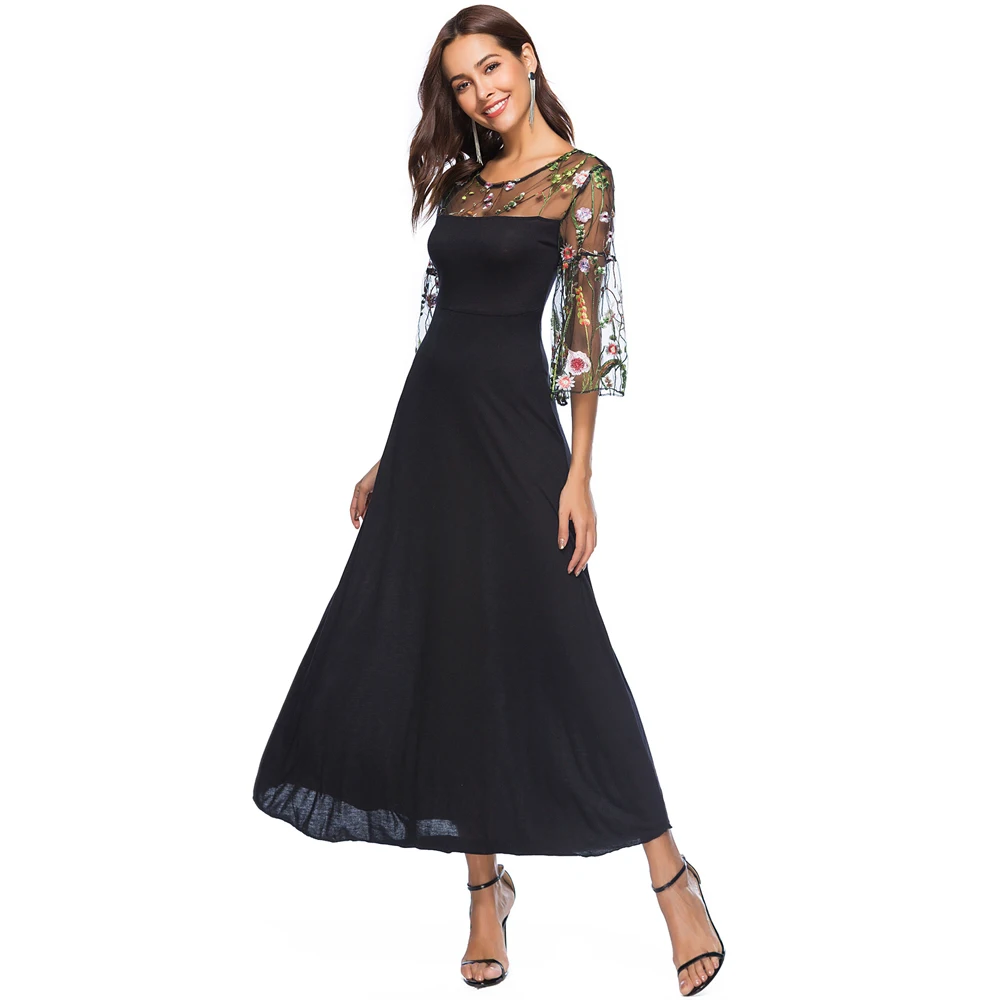 Женское длинное платье с вышивкой повседневное летнее Сетчатое цветочным