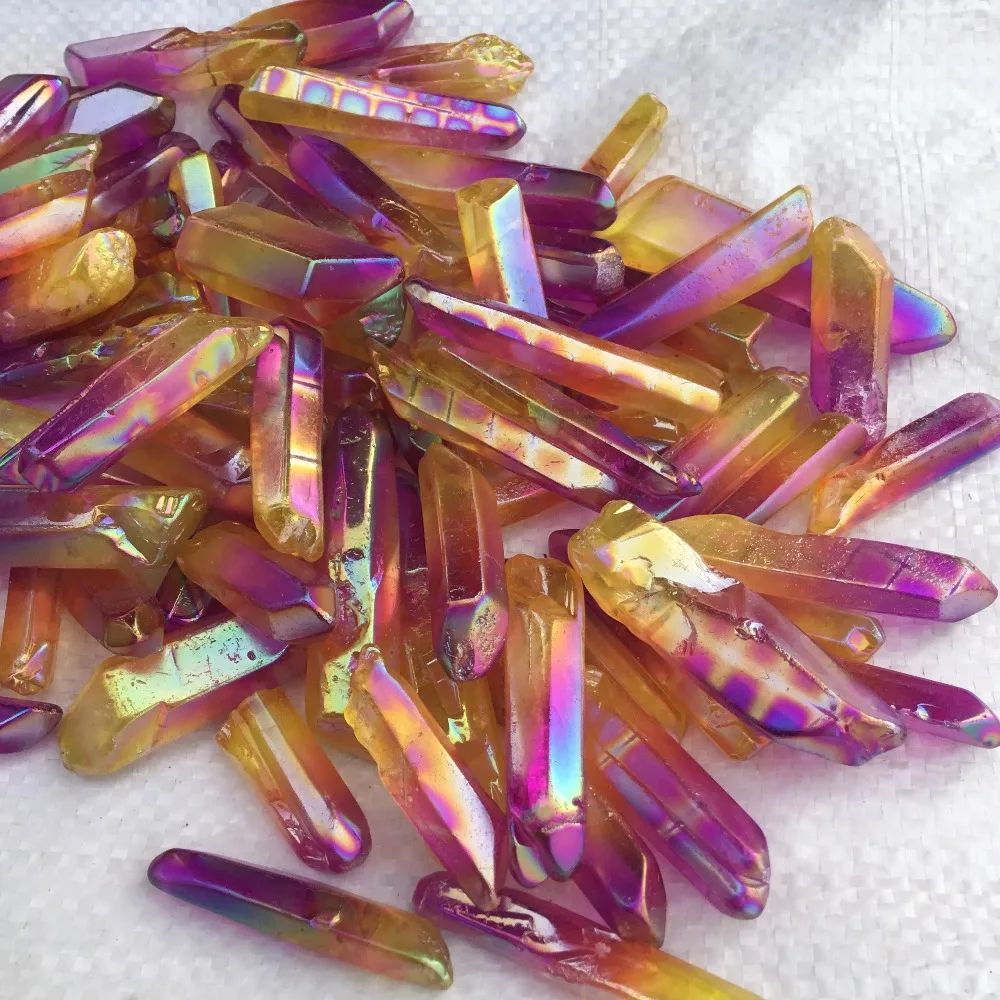 

Natural polished bicolour aura quartz crystal point titanium coating crystal for home decoration