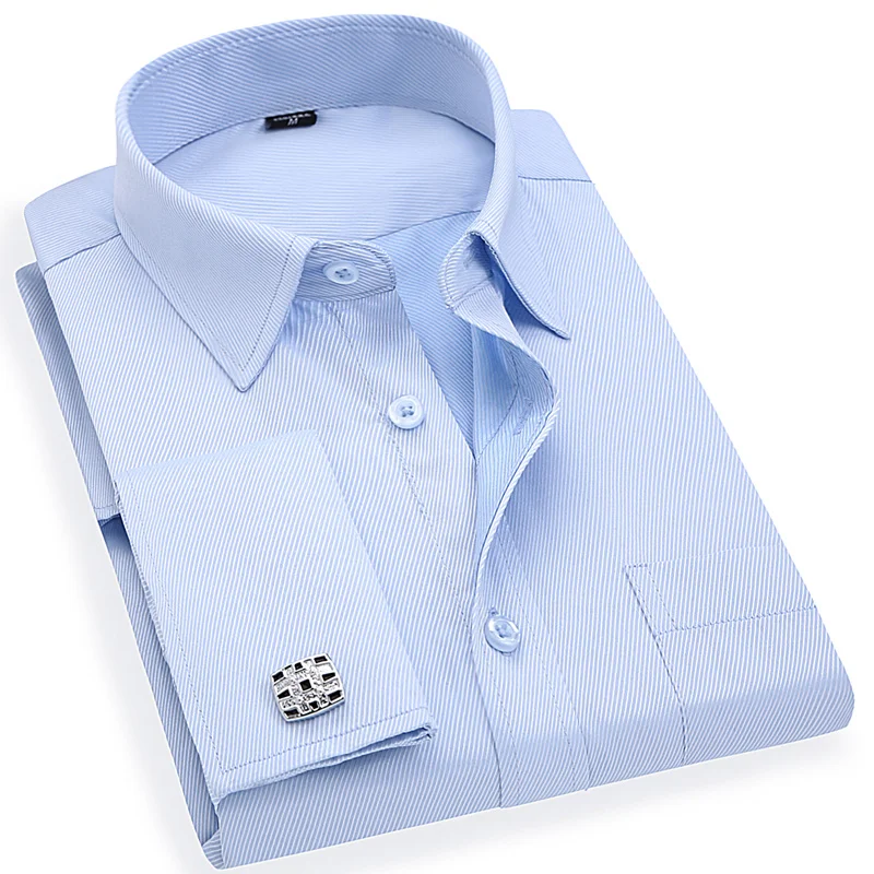 

Men French Cufflinks Shirt 2021 New Men's Stripes Shirt Long Sleeve Casual Male Brand Shirts Slim Fit French Cuff Dress Shirts