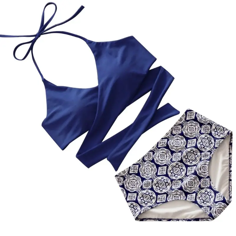 Blue and Navy Женский летний комплект из двух предметов с бретелькой через шею с глубоким v-образным вырезом, бюстгальтер с высокой талией, богемная Цветочная цифровая печать, стринги, купальник B - Цвет: Blue and Navy