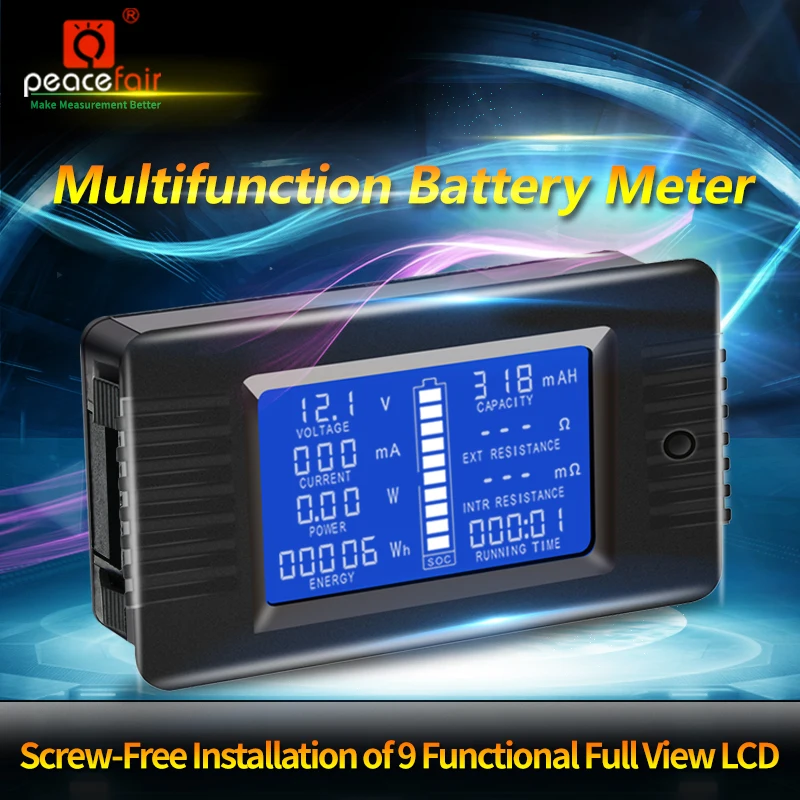 

Peacefair Battery Tester 9in1 Voltage Meter Amp Voltmeter Current Power Energy Impedance Resistance Capacity SOC Monitor 0-200V
