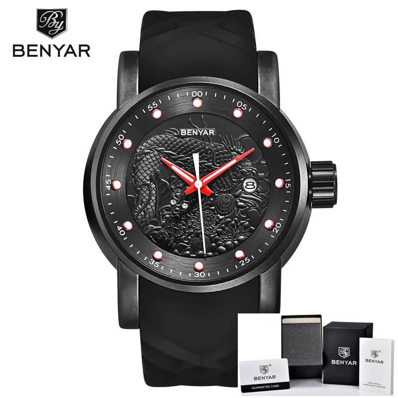 Relogio Masculino BENYAR Men Watch Waterproof Sport Rubber Wristwatch Top Brand Luxury Dragon Business Military Army Male Clock | Наручные