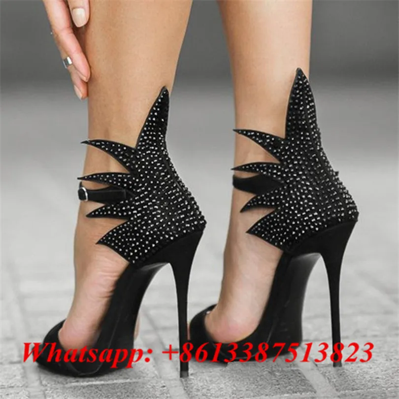 Черный Замши Страз Кристалл Колин Сандалии Peep Toe Платформа Лодыжки Ремень Мелкой