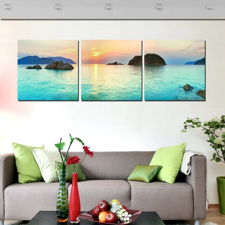 

Modern Home Decor Canvas Painting 3 Piece Seascape Island Wall Pictures Morning Sunset View Paintings Print For Living Room