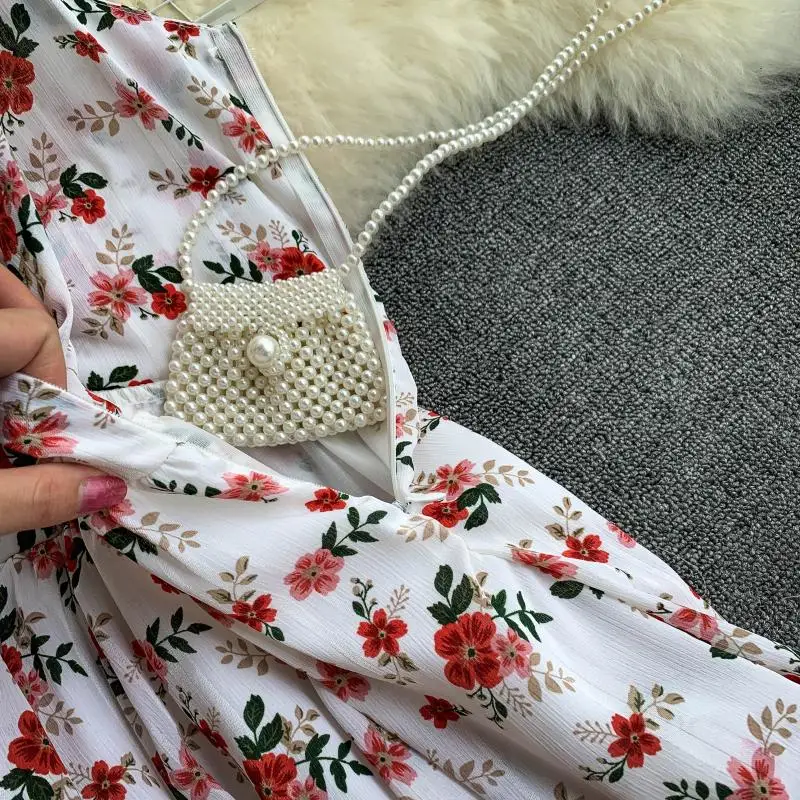 

2019 new fashion women's print dresses Beach Layered Cake Strap Seaside Holiday Floral Chiffon Dress