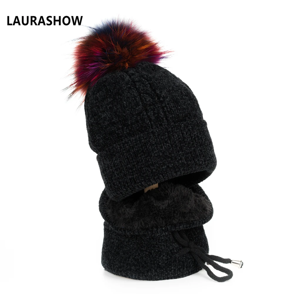 Lavashow 1 комплект для взрослых зимняя шапка с шарфом 15-16 см мяч из натурального меха енота помпоны шапка вязаная шапка Skullies женские шапочки