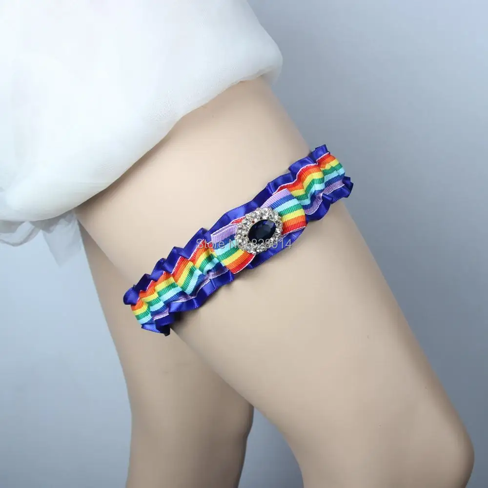 

lOWOSAiWOR Vintage Rainbow Ribbon Elastic Sexy Women Wedding Garter With Navy Blue Crystal Stone Bridal Leg Garter Belt IBF1008