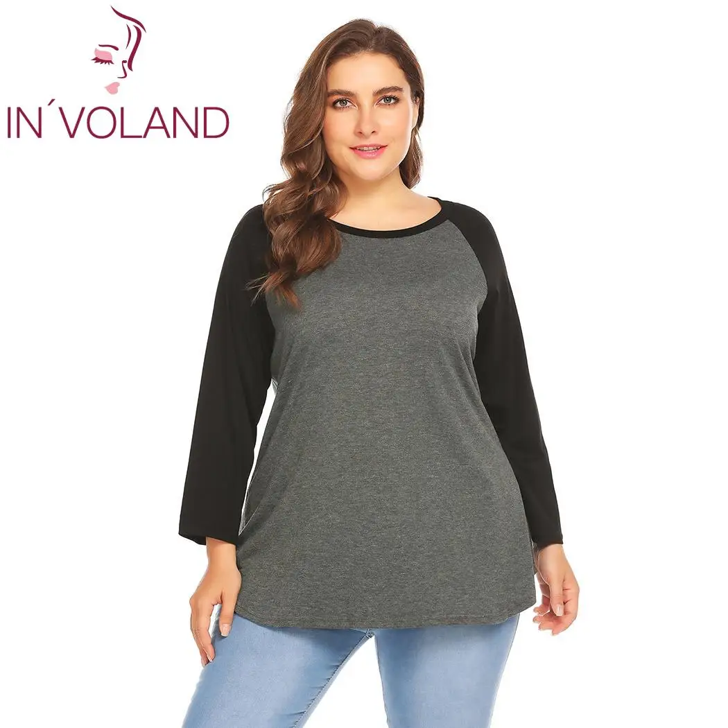 Dark Grey IN'VOLAND женские футболки размера плюс XL-5XL летне-осенние Лоскутные Повседневные бейсбольные пуловеры с круглым вырезом и рукавом 3/4 размер d - Цвет: Dark Grey