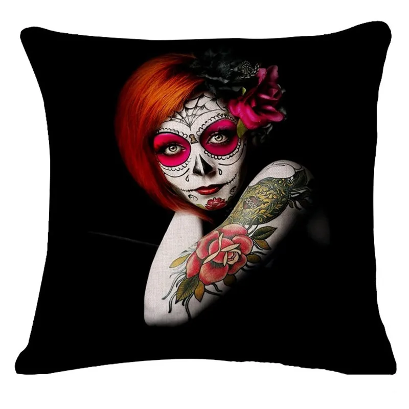 17 Inch Cushion Cover Pillow Retro Horrible Skull Day of the Dead Girl Punk Style Case Linen Cotton Home Decor | Дом и сад