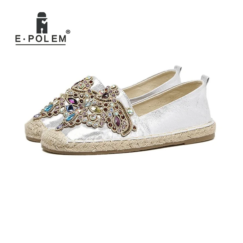 

New Linen Sole Straw Rhinestones Fisherman Flat Shoes Crystal Female Hemp Woven Canvas Shoes Round Toe Casual Lazy Shoes Loafers