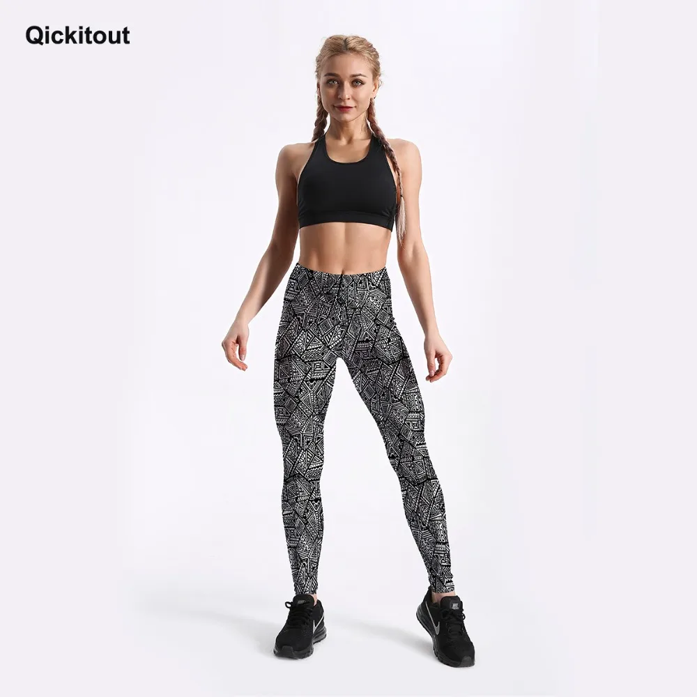 Qickitout, фольклорный стиль, модные женские леггинсы, черно-белые, геометрические, треугольные, с принтом, леггинсы, для фитнеса, тренировки, сексуальные, подходят, уличная одежда