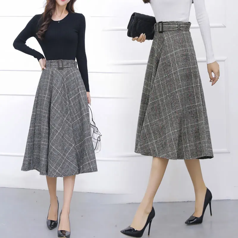 

TingYiLi Retro Plaid Skirt Long Women Skirt Autumn Winter Maxi Skirt
