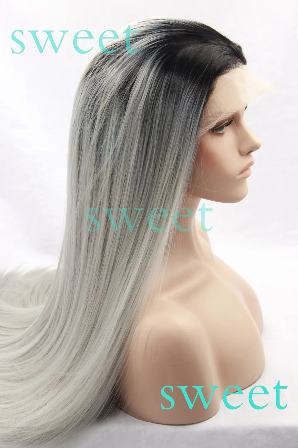 Шелковый Прямо Ombre Серебряный Серый Синтетический Парик Фронта Шнурка Glueless Два