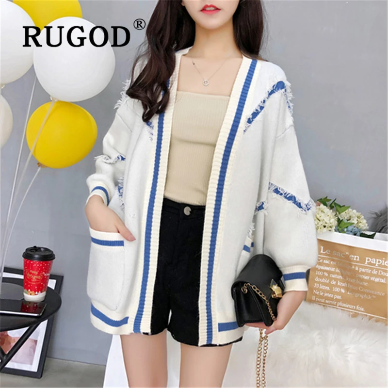 RUGOD Korean ins popupar women knitted cardigan sweater Elegant lantern sleeve open stitch streetwear Oversized tassel coat |