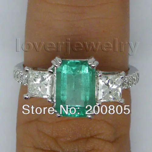 LOVERJEWELRY Винтажное кольцо с натуральным изумрудом тремя камнями 14 карат белое