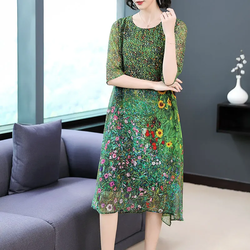 Винтаж изумрудно зеленый шелковое платье 2018 Цветочный принт летние платья плюс