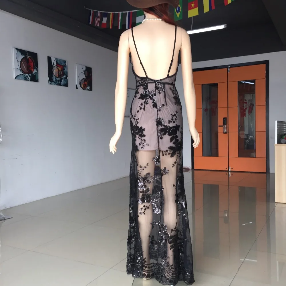 NEW Sexy Gold black Sequined Fringed Deep V Neck Maxi Dress 2016 New Arrivals Brand club Spaghetti Strap maxi long Sequins dress|maxi dress 2016|maxi