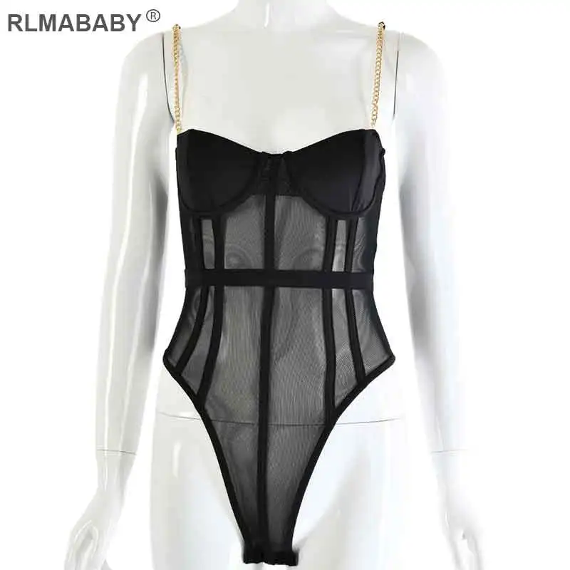 Black RLMABABY летние металлические цепи ремень сексуальное боди сетка Для женщин See Through спинки Bodycon комбинезон Повседневное Beach боди - Цвет: Black