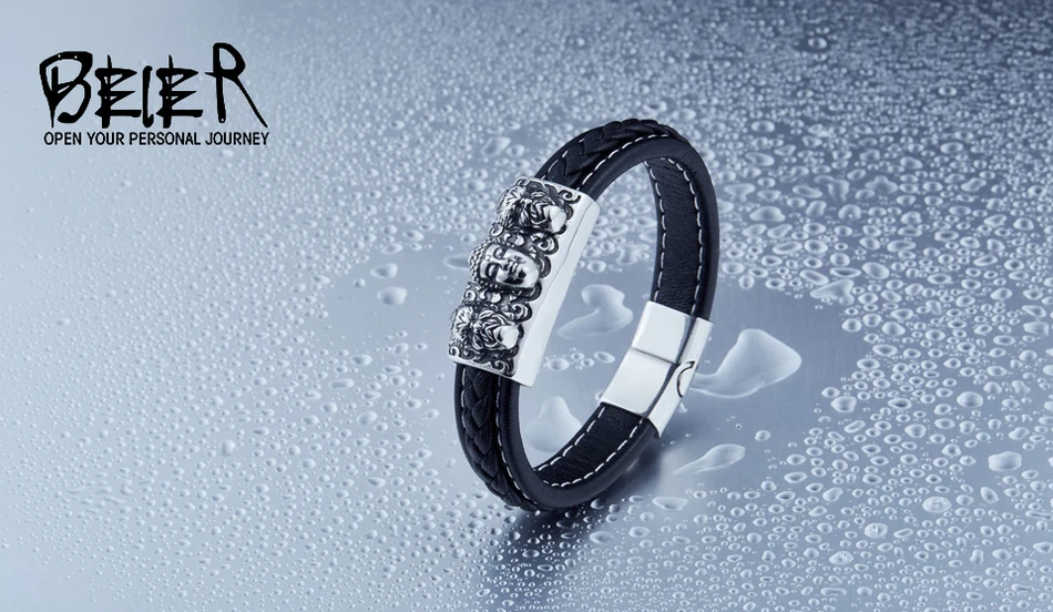 BEIER Wholesale Dropshipping Man's High Quality Genes Leather Simple Style 3 Buddha Bracelet Bangle For Man BC-L017