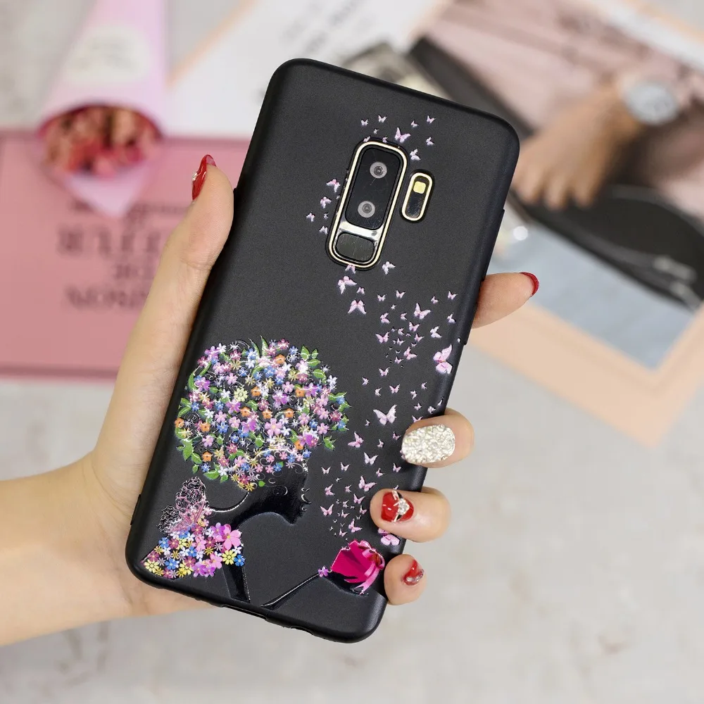 Противоударный Лаки рельеф черный рисунок чехол для samsung Galaxy S8 S9 плюс защитный
