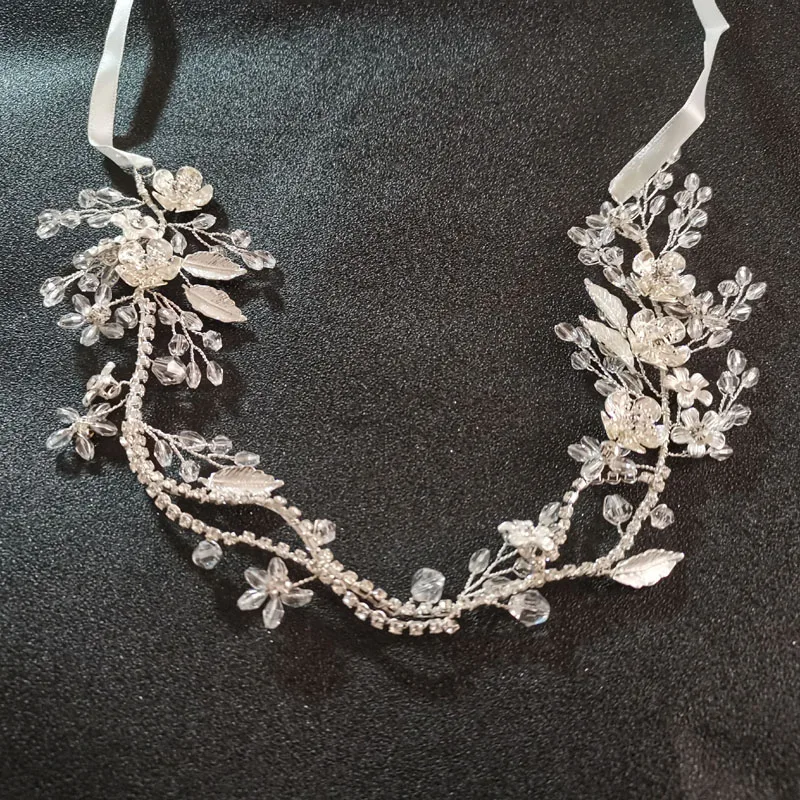SLBRIDAL ручной работы Серебряный Цвет Кристалл Стразы цветочный лист Свадебные