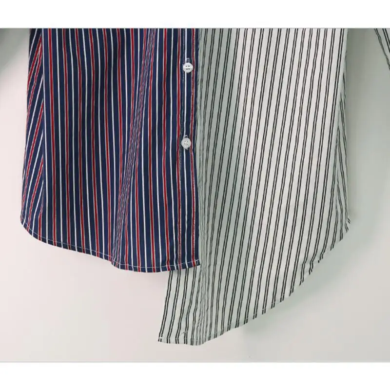 

2021 Spring Striped Spell Color Women Blouses Loose Casual Long Sleeved V-neck Irregular Hem Shirt Women Tops Camisa Feminina