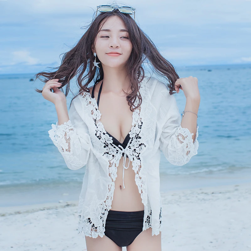 

Qiukichonson White Lace Cardigan Women Boho Hollow Out Flower Embroidery Bikini Cover Up Lace Up Sunproof Kimono Cardigan Tops