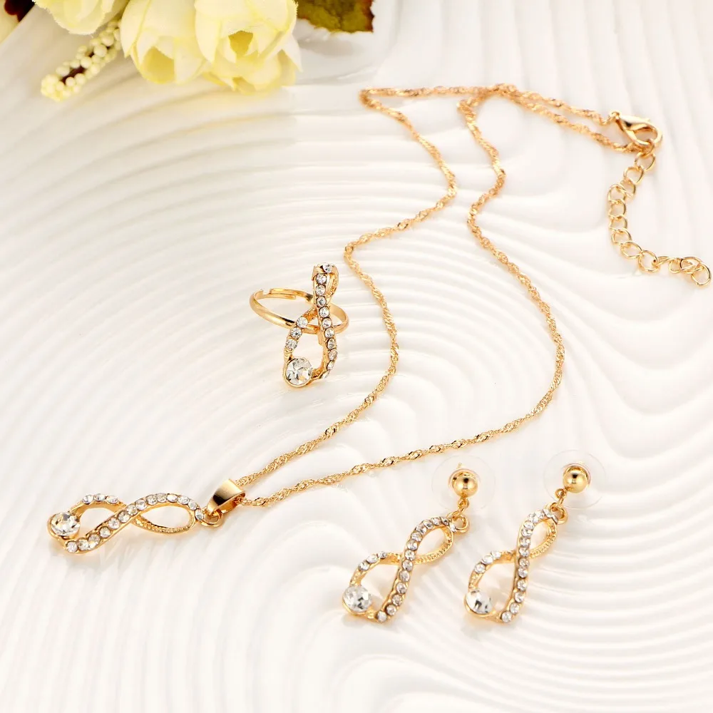 NAIZHU fashion jewelry set gold color rhinestone crystal drop pendant necklace earring ring Wedding gift for women | Украшения и