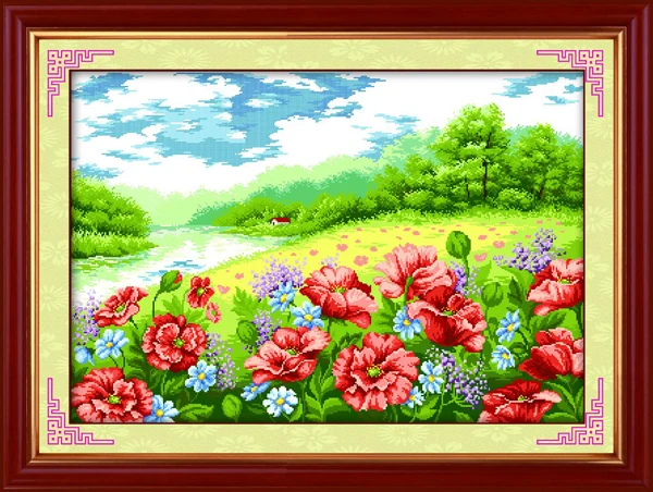 

Needlework, Set for Embroidery cross stitch kit,poppy flower garden scenic pattern cross stitch Painting wedding decoration gift