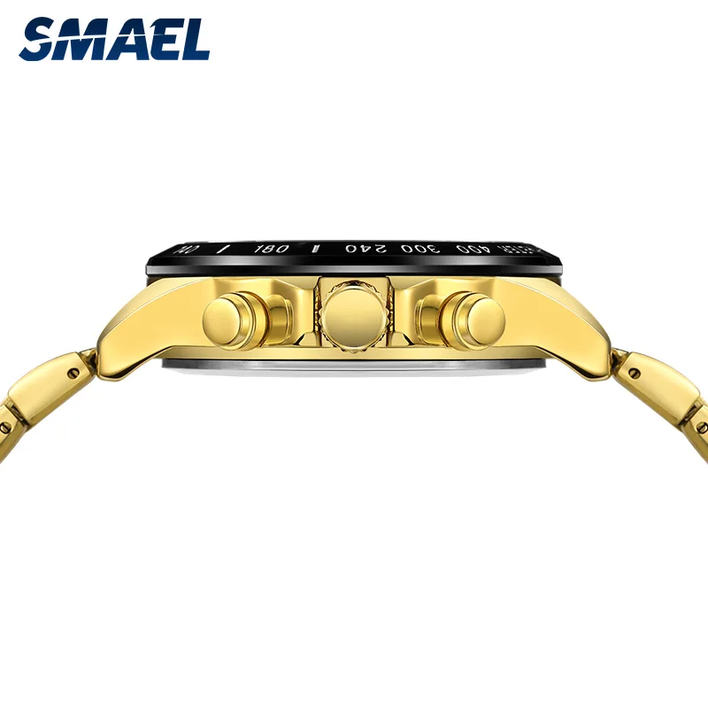 SMAEL Luxury Men Watches Gold Tone Stainless Steel Expansion Band Fashion Chronograph Quartz Watch Men Sport Wristwatch