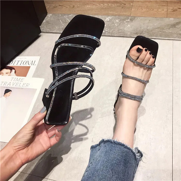 Slippers Heels Ladies Flip Flops Slides Woman Shoes Luxury Flock Square heel High Flip-flops Sliders Summer Designer Crystal