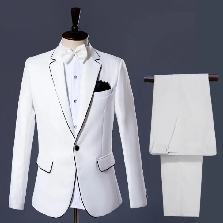 

White blazer men groom suit set with pants mens wedding suits costume singer star style dance stage clothing formal dress
