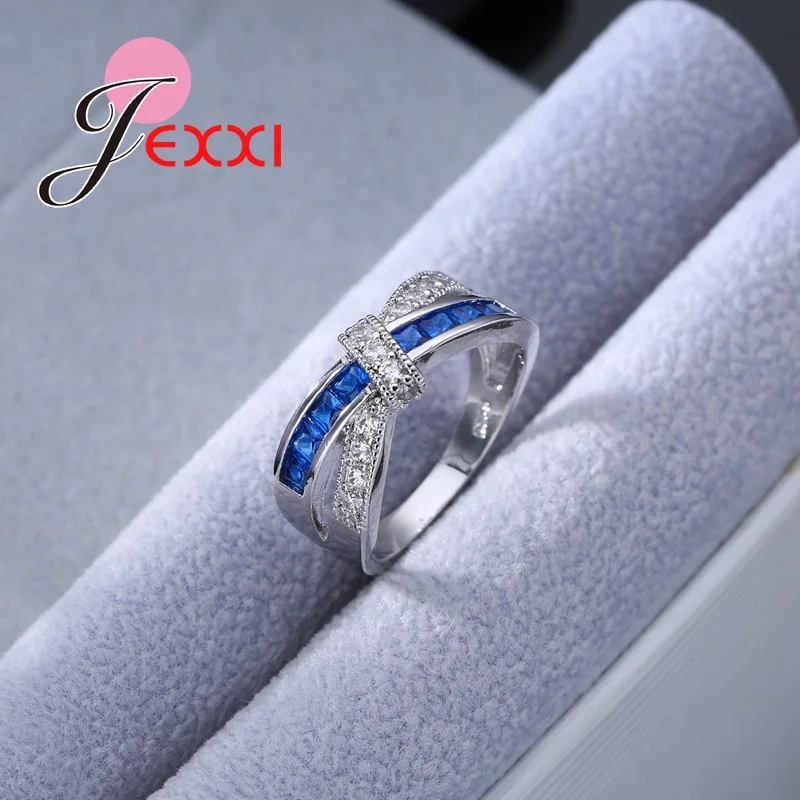 Linked Together Style Blue Clear Crystal Rings For Women Lady Stamped 925 Sterling Silver Ring Jewelry Wedding Bands | Украшения и