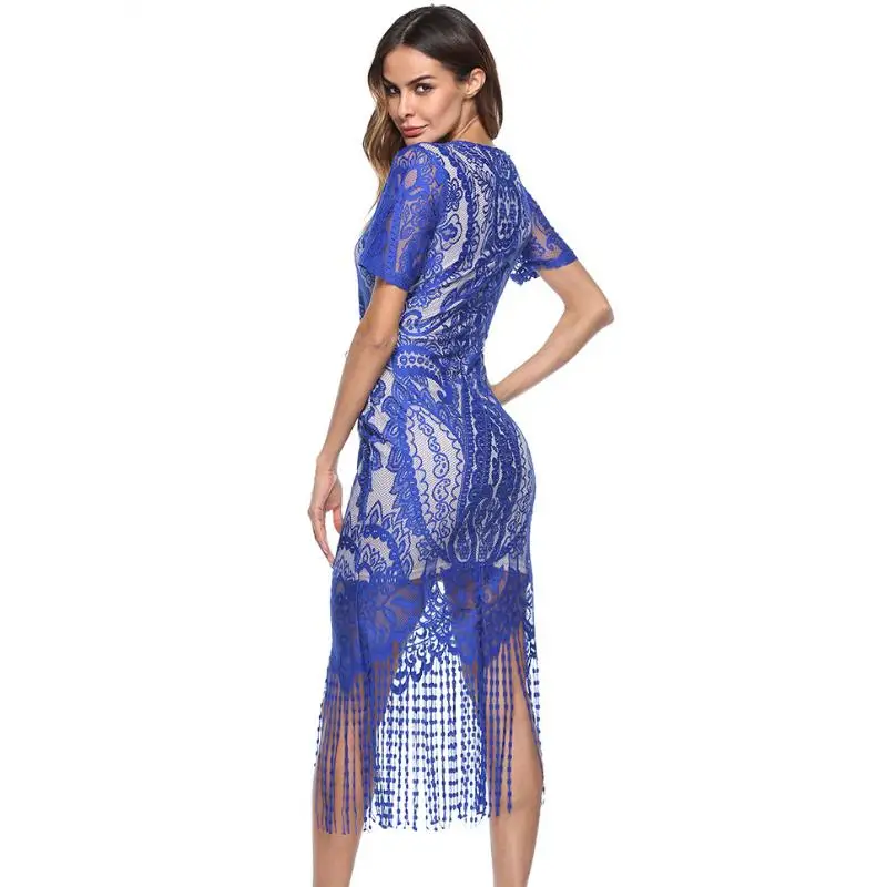 Женское платье с кисточками на подоле элегантное сексуальное вязаное крючком