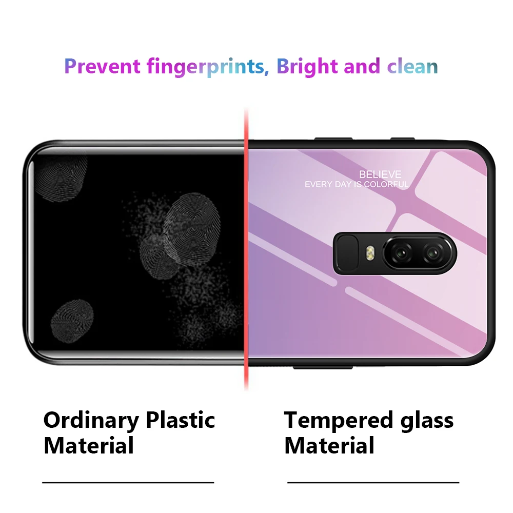 For Oneplus 6 6T Luxury Color Gradient Glass Soft TPU Edge Hard Back Case Cover |