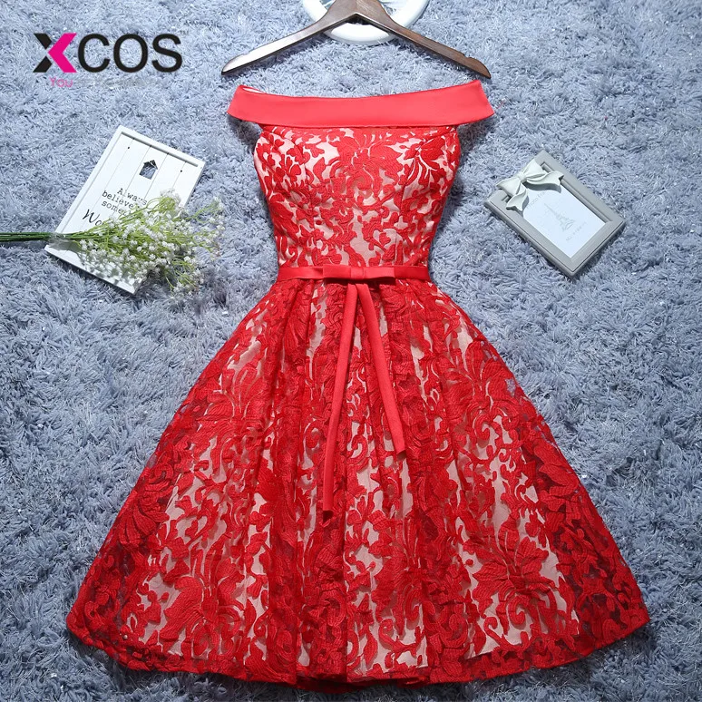 XCOS vestido de noiva simples с открытыми плечами красные платья подружек невесты кружевное