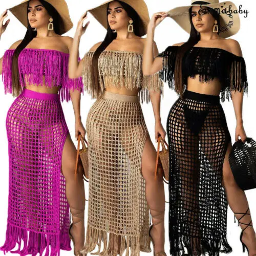 2 шт. женское пляжное платье с длинным рукавом вырезом лодочкой и бахромой |