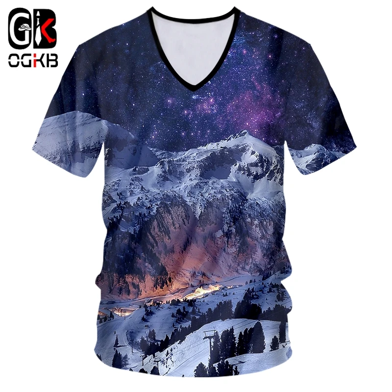 OGKB летние топы мужская Повседневная футболка Забавный принт Снежная гора 3D с