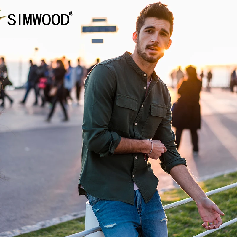 SIMWOOD Повседневная рубашка для мужчин 2019 весна новый воротник стойка натуральный
