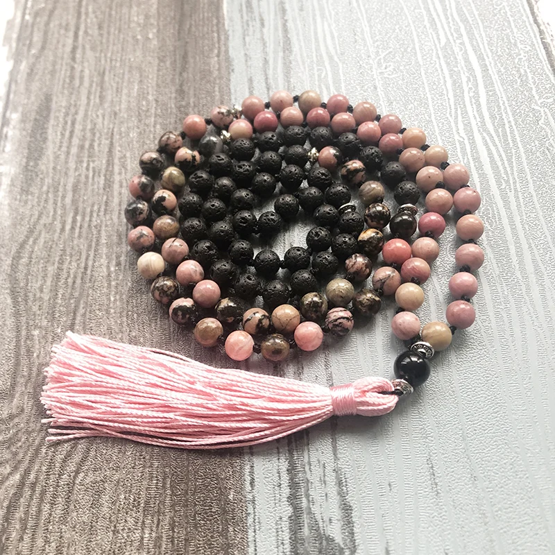 Розовый черный родонит лава камень искусственное плетение 108 бусин мала ожерелье