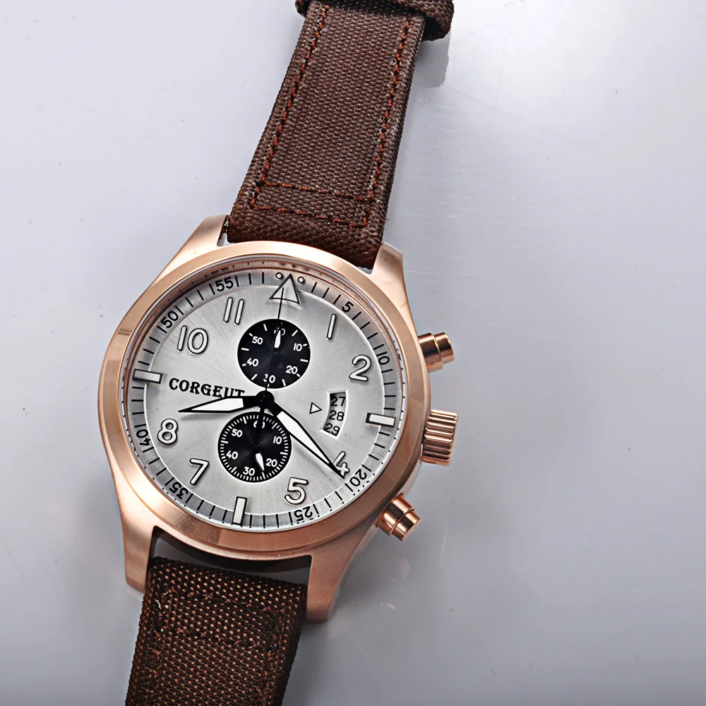 Corgeut 46 мм белый циферблат rosegold PVD чехол Полный Хронограф Мужские кварцевые наручные часы