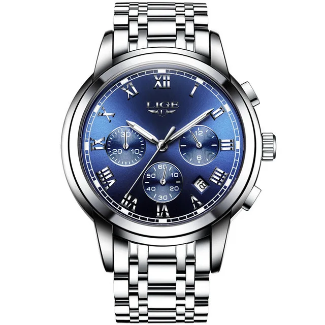Slive blue Новые часы мужские роскошные брендовые LIGE с хронографом мужские спортивные часы водонепроницаемые полностью Стальные кварцевые мужские часы Relogio Masculino - Цвет: Slive blue