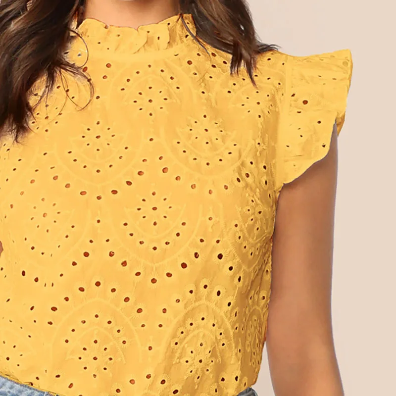 Dotfashion, однотонный топ с воротником-стойкой, с рюшами, с вышивкой, с ушками, для женщин, лето, бохо, без рукавов, одежда для девушек, модные блузки
